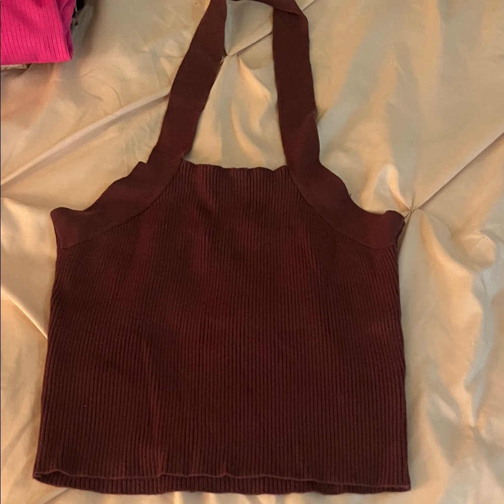 Elegant Brown light sweater Ribbed cropped halter m